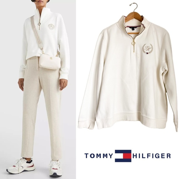Tommy Hilfiger Logo White Pullover Crew Neck Sweatshirt Popover Zip Preppy XXL - Picture 1 of 9
